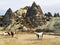 Horses among rocks of Cappadocia in Turkey