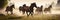 Horses run gallop in foggy meadow, panorama banner