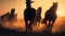 Horses running on plains at dusk and sunset, silhouette of running stallions, wild horses running, , Generative AI