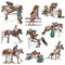 Horses - show jumping. Colored collection, pack of freehand sketches. Line art