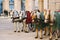 Horses with wagons in winter on the main square of Salzburg in Austria. Entertainment of tourists, riding. Vacation