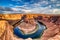 Horseshoe Bend on Colorado River at Beautiful Sunrise with Bright Blue Sky, Utah