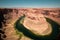 Horseshoe Bend and Colorado river. Panoramic view. Glen Canyon. Adventure place.