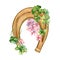 Horseshoe and clover with spring flowers watercolor illustration isolated on white. Painted shamrock, pink hydrangea