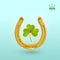 Horseshoe and four leaf clover. Good luck symbol, St.Patrick`s Day concept. Horse accessories, top view. Realistic design element