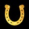 Horseshoe gold glitter on black background. Hoof horse. Symbol luck.