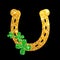 Horseshoe gold glitter. Four-leaf clover. Happy St. Patrick`s Day