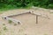 Horseshoe stakes in a sandbox area