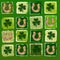 Horseshoes and shamrocks in squares over green background