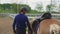 Horsewoman Walking With Her Beautiful Horse In The Sandy Ground - Backview