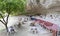 The hospitable view of the old cafe of a high-rise Turkish courtyard in Cappadocia