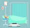 Hospital bed anesthesia vector illustration. Patient lies on operating table. Surgical room interior