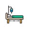 Hospital bed with medical equipments, intensive care flat color line icon.