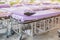 Hospital bed trolleys with bedsheets and pillow