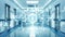 Hospital blue corridor with digital medical infographics and charts 3D rendering