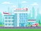 Hospital building with ambulance helicopter on roof and car standing on road, medical services, clinic building with big