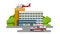 Hospital building, ambulance and Red medical evacuation helicopter. Ambulance helicopter. Healthcare, hospital and