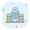 Hospital building icon in comic style. Infirmary vector cartoon illustration on white isolated background. Medical ambulance