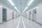Hospital corridor with shinny floor and bright light, interior of modern hospital hallway, hygiene and hi-tech science lab, no