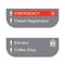 Hospital directional signs with names in red and gray background