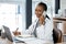 Hospital, doctor and portrait of black woman on a phone call for medical consulting, conversation and talking