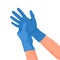 Hospital doctor wearing medical latex gloves on hands. Vector