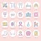 Hospital, medical flat line icons. Human organs, stomach, brain, flu, oncology, plastic surgery, psychology, breast