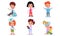 Hospital Routine Pictured By Children In Different Medical Costumes With Green Cross In Vector Illustration Set Isolated
