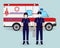 Hospital staff concept. Paramedics ambulance team in medical protection masks with ambulance car. Emergency serviice
