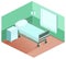 Hospital ward bed, bedside table, dropper. Medical equipment 3d isometric