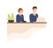 Hospitality male and female in uniform at counter vector flat illustration. Friendly cartoon receptionist working on