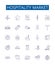Hospitality market line icons signs set. Design collection of Hotel, Resort, Tourism, Foodservice, Hospitality