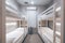 Hostel interior, woodenl bunk beds and linen, nobody. Generative AI