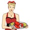 The hostess, cook, waiter in red serves food. Woman is presenting lobster on a tray. isolated object on white background