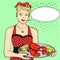 The hostess, the cook, the waiter in red serves food. A woman is presenting a lobster on a tray. Pop art style text