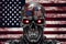 Hostile robot or evil artificial intelligence, standing in front of american flag. Generative AI