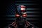 Hostile robot or evil artificial intelligence, standing in front of american flag. Generative AI