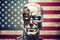 Hostile robot or evil artificial intelligence, standing in front of american flag. Generative AI