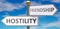 Hostility and friendship as different choices in life - pictured as words Hostility, friendship on road signs pointing at opposite