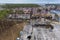 Hostomel, Kyev region Ukraine - 09.04.2022: The aerial view of the destroyed supermarket roof. The supermarket was hit by rockets