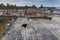 Hostomel, Kyev region Ukraine - 09.04.2022: The aerial view of the destroyed supermarket roof. The supermarket was hit by rockets