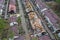 Hostomel, Kyev region Ukraine - 09.04.2022: Top view of the destroyed and burnt houses. Houses were destroyed by rockets or mines