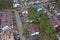 Hostomel, Kyev region Ukraine - 09.04.2022: Top view of the destroyed and burnt houses. Houses were destroyed by rockets or mines