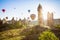 Hot air ballons over Love Valley near Goreme and Nevsehir in the center of Cappadocia, Turkey region of Anatolia.