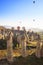 Hot air ballons over Love Valley near Goreme and Nevsehir in the center of Cappadocia, Turkey region of Anatolia.