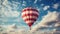 A hot air balloon, an airship flies in the clouds of the sky in the color of the flag of the United States of America.