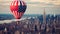 A hot air balloon, an airship flies over a big city in the colors of the flag of the United States of America.