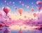 Hot air balloon festival in cotton candy sky. Surreal, dreamlike art style