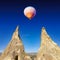 Hot air balloon flies in Cappadocia, Turkey