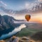 Hot Air Balloon Floating Over a Beautiful Vast Landscape of Mountains, Plains and Rivers, Sunset and Clouds in the Background